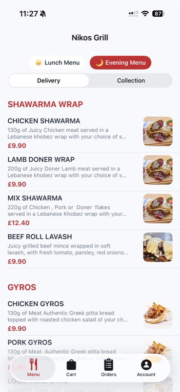 Nikos Grill app menu screen